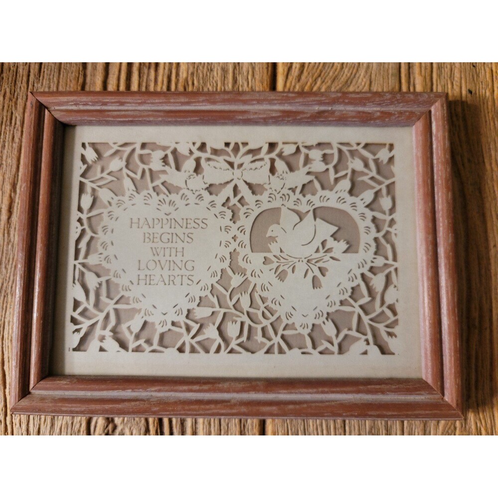 Vintage 70's Framed Scherenschnitte By Figi Graphics Happiness Begins With Love.